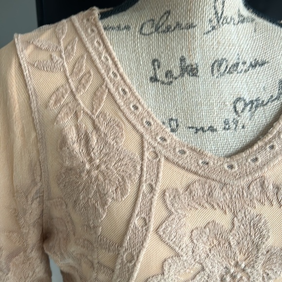 Orange Creek lined lace embroidered scalloped hem boho hippie dress tan/orange - Picture 3 of 16